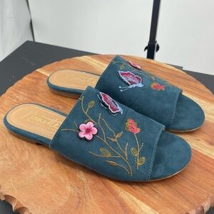 Nanette by Nanette Lepore Valentina Floral slides sandals sz 7.5 butterfly teal